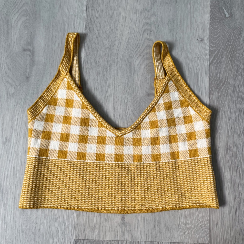 PETAL & PUP CROP KNIT CHECK TANK MARIGOLD AND WHITE V NECK WOMENS XS